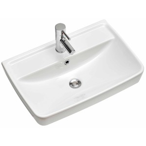 Vasque à poser blanche Pelipal Quickset 357, 60 cm, avec robinet. Forme rectangulaire avec bords arrondis.