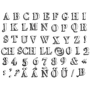 Aladine Stempelset Alphabet skizziert, mit Buchstaben, Zahlen und Sonderzeichen in Schwarz.