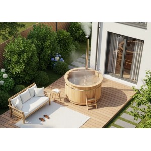 Bain nordique en bois Finntherm Bergen avec poêle, Ø 160 cm, sur terrasse en bois dans le jardin.