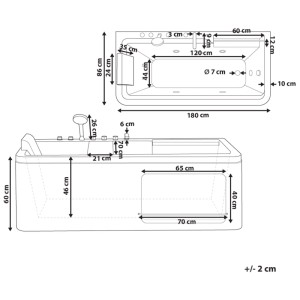 Technische Maßzeichnung der Beliani Whirlpool-Badewanne Camalu Eckmodell. Draufsicht und Seitenansicht mit allen Abmessungen.
