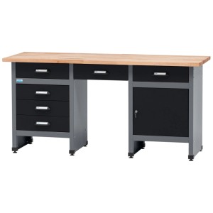 Établi Küpper modèle 12570 noir-gris clair avec tiroirs, porte et plateau en hêtre.