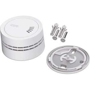 Détecteur de fumée Abus Prefira Mini blanc compact avec plaque de montage et vis.