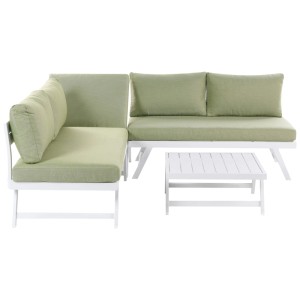 Ensemble lounge de jardin Beliani Coccorrino en aluminium vert avec table et coussins.