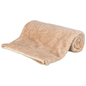 Coperta per cani beige Trixie Barry (150x100 cm) in poliestere con impronte di zampe, arrotolata.