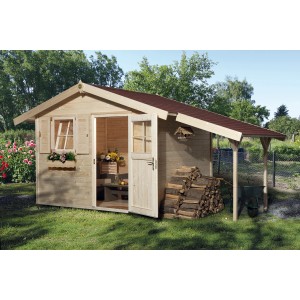 OBI casetta da giardino in legno Bozen con tetto a due falde e annesso, non trattata, 420x270 cm.