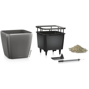 Vaso per piante Lechuza Quadro Premium LS, 35 cm, antracite metallizzato, con accessori e sistema di irrigazione.
