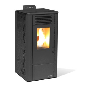 Poêle à granulés Ecofox Thar 12 gris avec flamme visible. Poêle à granulés moderne pour une chaleur agréable.