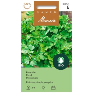 Bio Petersilie 'Einfache' Samenpackung mit grünen, glatten Blättern.