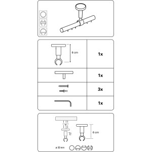Schizzo: Supporto a soffitto Gardinia Ø 20 mm, nero opaco, con dettagli di montaggio e accessori.