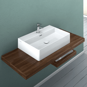 Vasque blanche Domberg DB2000 (60,5x42,5 cm) design slim sur console en bois avec robinet.