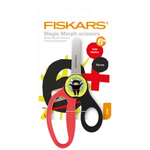 Fiskars Kinderschere Ninja, 13 cm, mit roten und schwarzen Griffen und Ninja-Motiv.