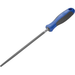 Lime d'atelier ronde LUX-TOOLS, 200 mm, avec manche bleu et noir. Idéale pour le travail du métal.