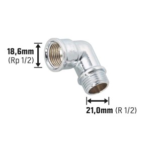Coude fileté en laiton chromé, 18,6 mm x 21 mm, pour tuyaux d'eau potable et de chauffage.