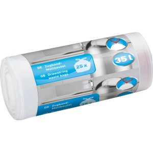 Rouleau de 25 sacs poubelles transparents de 35L avec cordon de serrage pour déchets ménagers.
