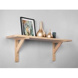 Étagère murale avec deux supports en chêne (25x20 cm), décorée d'un cadre et de vases.