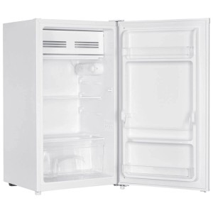 Weisser Kibernetik KSG90 Standkühlschrank 90 l, offen, mit Gefrierfach, Glasablagen und Gemüseschublade.