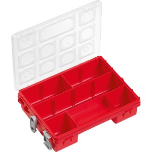 Roter LUX Sortierkasten mit 6 Fächern und transparentem Deckel für Aufbewahrung.