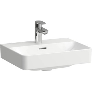 Lavabo Laufen Pro X, céramique, blanc, forme légèrement rectangulaire avec robinet.