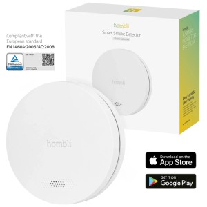Weißer Hombli Smart Rauchmelder mit Verpackung. Hausautomation für mehr Sicherheit.