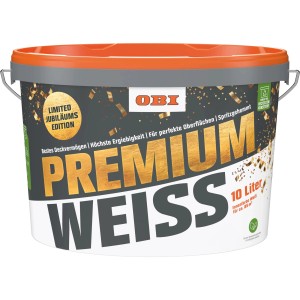 Secchio di pittura murale bianca OBI Premium Anniversary Edition, 10 litri. Pittura bianca per interni con ottima copertura.