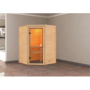 Woodfeeling Sauna Franka, sauna in legno massello naturale con ingresso ad angolo e vetro frontale.