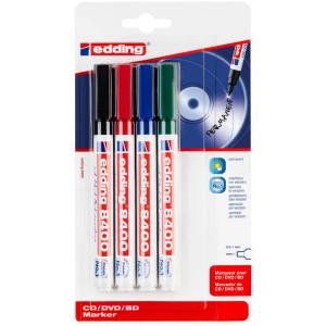 Edding CD-Marker 8400 lot de 4 en noir, rouge, bleu et vert pour CD, DVD et Blu-ray.