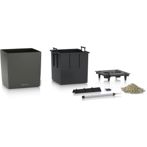 Pot de fleurs Lechuza Cube Premium 40, anthracite métallisé, avec accessoires et système d'arrosage.