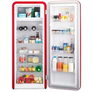 Offener, roter Trisa Kühlschrank Frescolino Classic (281 l) gefüllt mit Lebensmitteln.