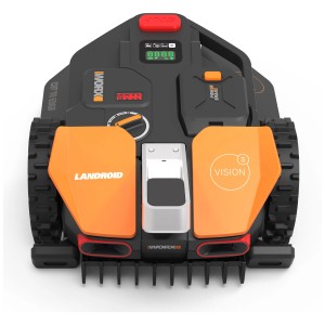 Robot rasaerba Worx Landroid Vision S250 WR202E con rilevamento ostacoli e dettagli arancioni.