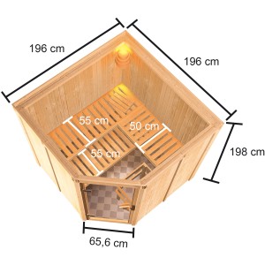 Sauna Karibu Kotka con stufa, porta in vetro bronzato, dimensioni: 196x196x198cm. Sauna in legno massello per momenti di relax.