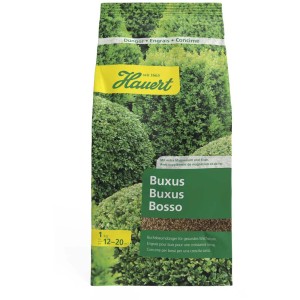 Paquet d'engrais pour buis Hauert 1 kg pour une croissance saine et des feuilles vertes.