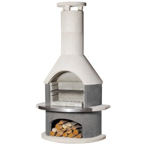 Cheminée barbecue Buschbeck Wellington, blanc-anthracite, avec bûches dans le compartiment de rangement.