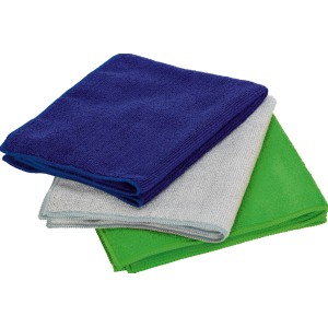 Lot de 3 chiffons microfibres bleu, gris et vert pour l'entretien auto.