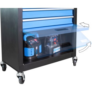 Chariot d'atelier Güde GW 4.1 avec tiroirs bleus et outils dans le compartiment de rangement.