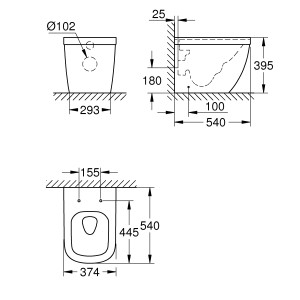 Disegno tecnico: WC a pavimento Grohe Euro Ceramic, vaso a cacciata con dimensioni per l'installazione.