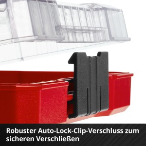 Gros plan sur le clip de verrouillage automatique sur le coffret rouge du jeu de douilles à cliquet Einhell.