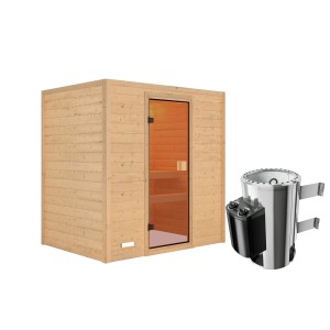 Sauna in legno Karibu Selena con stufa e porta in vetro. Sauna in legno massello per interni.