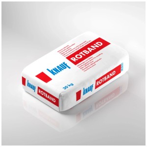 Sac blanc Knauf Rotband enduit adhésif 30 kg pour murs et plafonds intérieurs, avec logo rouge sur surface réfléchissante.