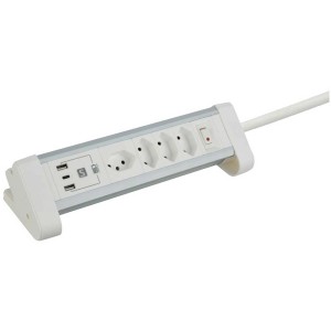 Bloc multiprise de table blanc avec 4 prises T13, 2 USB-A et 1 port USB-C.