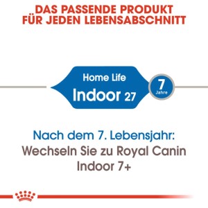 Royal Canin Indoor 27 cibo secco per gatti fino a 7 anni. Dopo, si consiglia di passare a Indoor 7+.