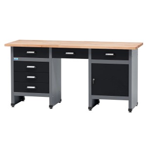 Établi Küpper avec 6 tiroirs, porte et espace assise, noir et gris, avec plateau en hêtre.