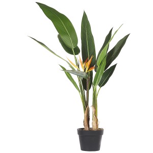 Kunstpflanze Strelitzia Tree im Topf, 115cm hoch, mit grünen Blättern und orangefarbener Blüte.