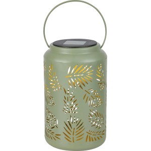 Lanterne solaire LED verte avec motif de feuilles, Ø 12x20 cm, pour jardin et balcon.