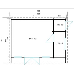 Plan du chalet de jardin Alpholz Carla-70 ISO, toit monopente, 622x492 cm, marron. Dimensions et agencement.