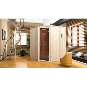 Sauna d'angle Weka Kiruna avec porte en verre et poêle de 4,5 kW dans la pièce.