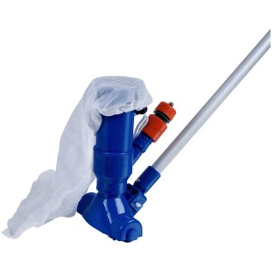 Aspirateur de piscine Colibri Compact avec manche en aluminium, sac filtrant et raccord de tuyau.