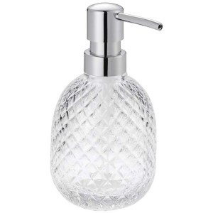 Distributeur de savon Diaqua Facette en verre transparent avec motif losanges et pompe chromée.