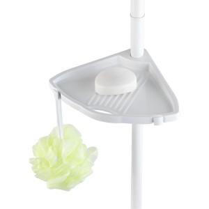 Angolo doccia telescopico Wenko Compact, ripiano bianco con sapone e spugna da bagno.