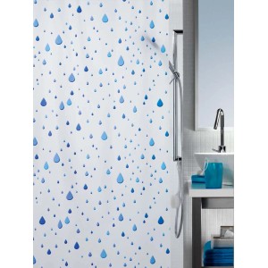 Tenda doccia Spirella Waterdrop blu e bianca con motivo a gocce blu, 180x200 cm.