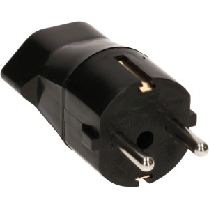 Schwarzer Max Hauri Reise-Zwischenstecker. Wandelt geerdete Stecker in 3-polige Steckdosen um.